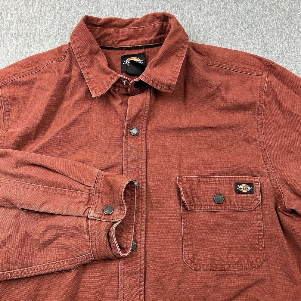 Dickies Flannel Lined Chore Jacket Canvas Workwear Mens XL Red Rust Snap Button